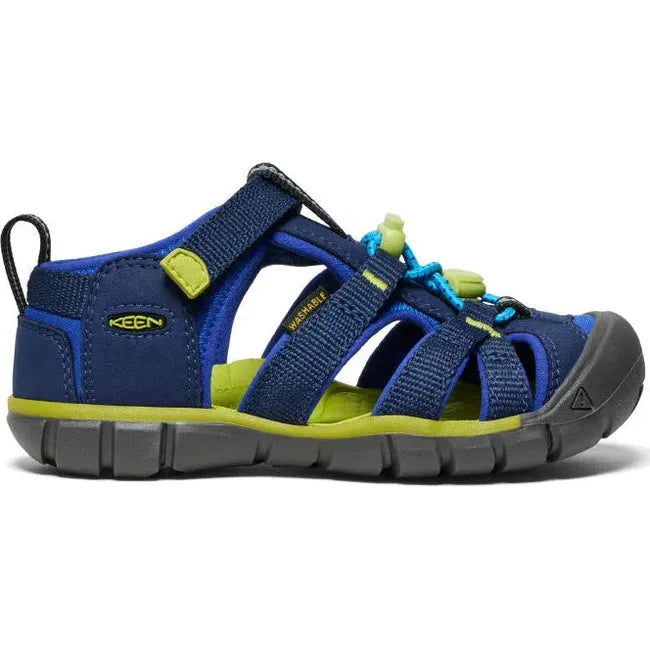 Lateral of KEEN Little Kids Seacamp II CNX Sandal in Naval Academy blue and Chartreuse green