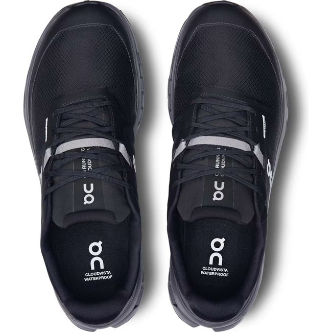 Top down view of On Running Men&#39;s Cloudvista 2 Waterproof Trail Running Shoes in all black
