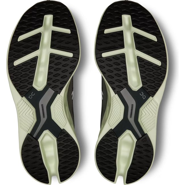 Soles of Women's On Running Cloudeclipse Running Shoes in Gray Rock and Lima Green with black tread