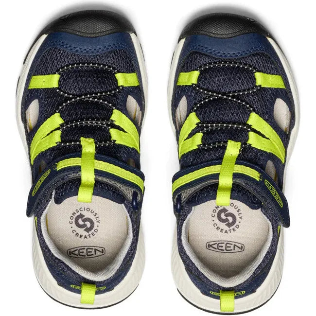 Upper of KEEN Kids' Motozoa Closed Toe Sandal in Naval Academy blue Evening Primrose yellow