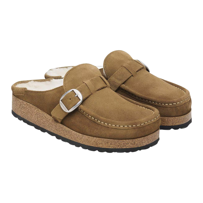 Angled Pair of Birkenstock Women's Buckley Shearling Clog in Dark Tea