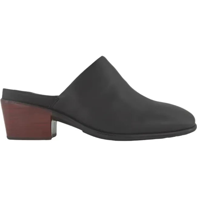 Lateral side view of Naot Women's Dedicate Black Mule featuring a sleek leather design, 1.8-inch block heel, and removable natural cork and latex footbed.