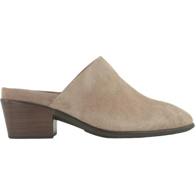 Lateral side view of Naot Women's Dedicate Tan Mule featuring a sleek suede design, 1.8-inch block heel, and removable natural cork and latex footbed.