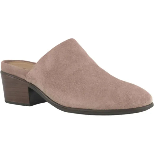 Lateral side angled view of Naot Women's Dedicate Tan Mule featuring a sleek suede design, 1.8-inch block heel, and removable natural cork and latex footbed.