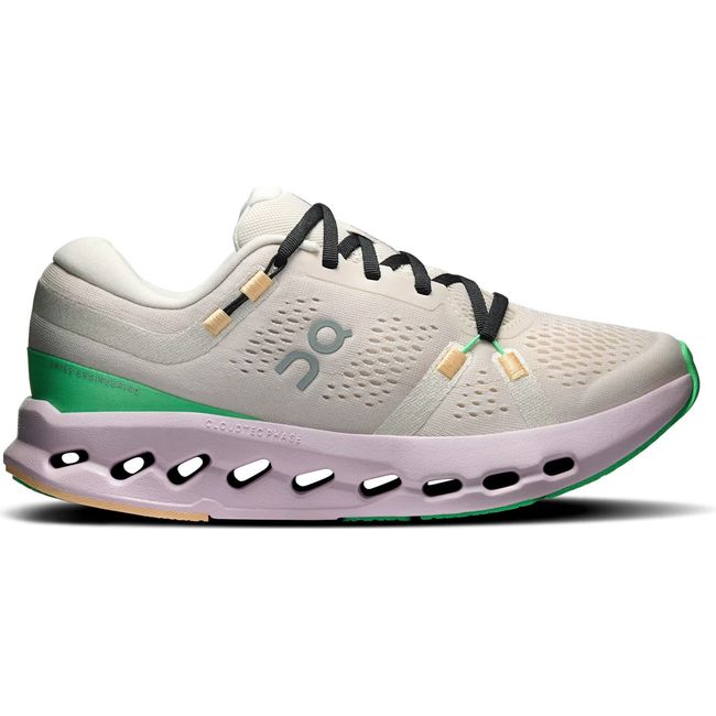 Lateral side of Women's On Running Cloudsurfer 2 Running Shoe in Pearl Orchid beige and purple