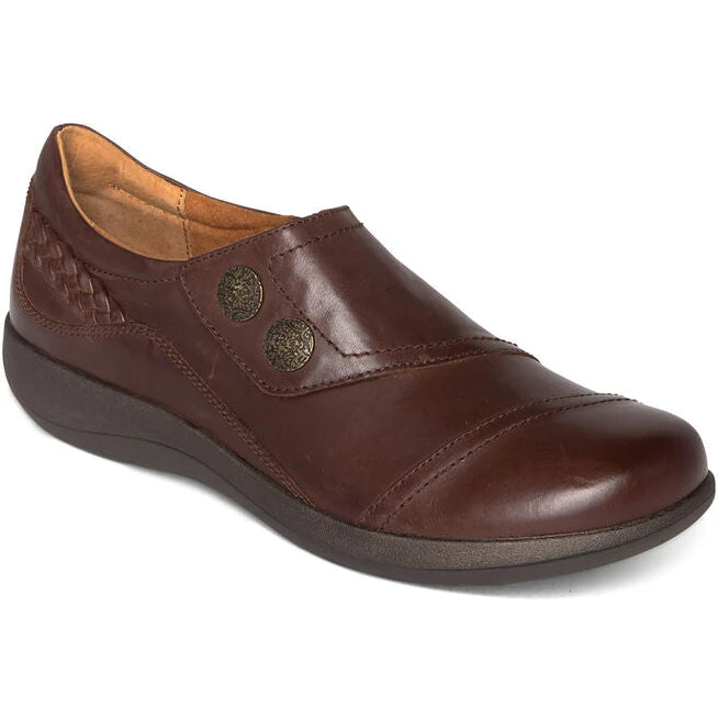 Front angled view of Aetrex Women's Karina Monk Strap in Brown