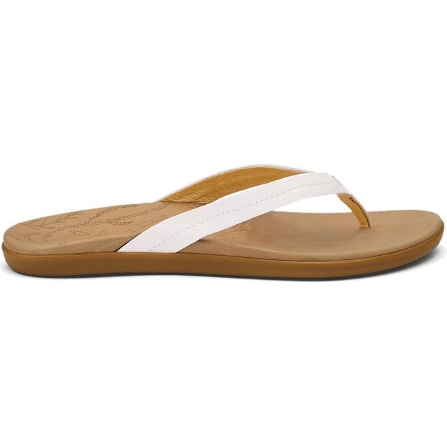 Lateral side of Women's Olukai Honu Flip Flop in Bright White and Golden Sand tan