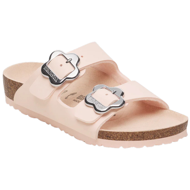 Angled side of Birkenstock Girls' Arizona in Light Rose Flower Buckle