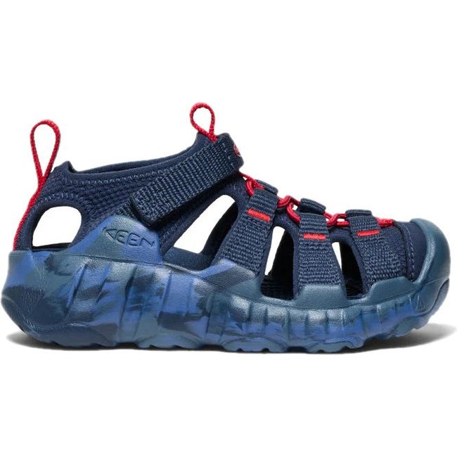 Lateral of KEEN Kids' Hyperport H2 Sandal in Naval Academy Navy Blue and Red Carpet