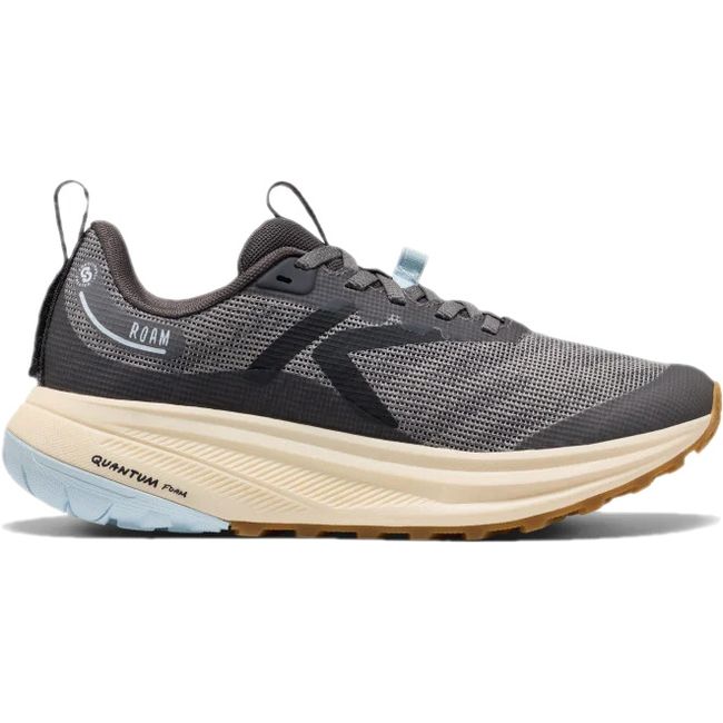 Lateral side of KEEN Women's Roam Trail Running Shoe in magnet grey and blue