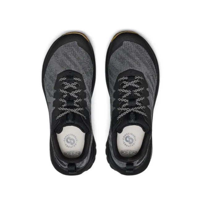 Lace up upper of KEEN Men's Roam Trail Running Shoes in black and magnet grey