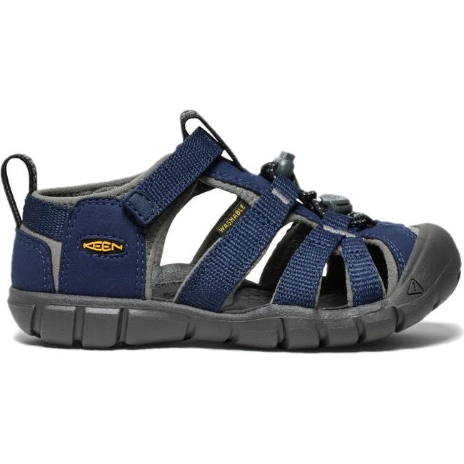 Lateral of KEEN Little Kids Seacamp II CNX Sandal in Naval Academy Blue and Drizzle Gray