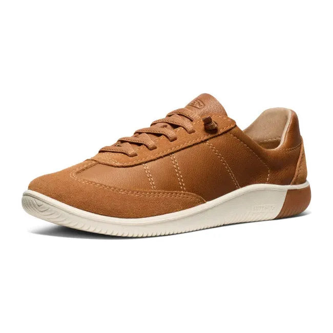 Front angled view of KEEN Women's Slip On KNX T-Toe Sneaker in Chipmunk Birch Tan