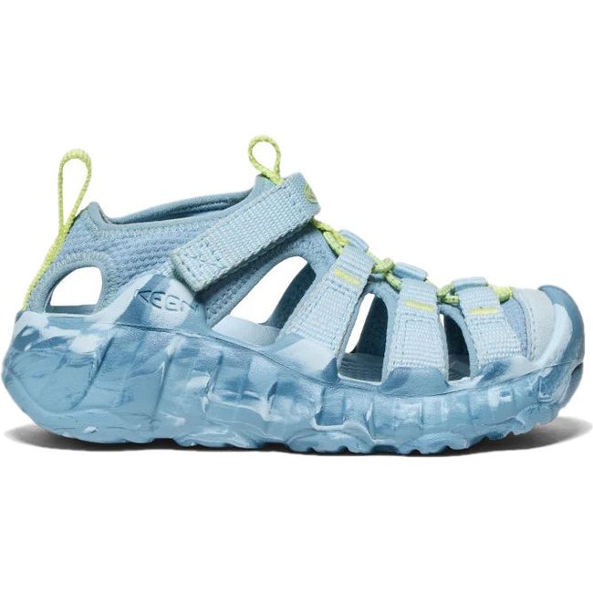 Lateral of KEEN Kids' Hyperport H2 Closed Toe Sandal in Skyway green and Faded Denim blue