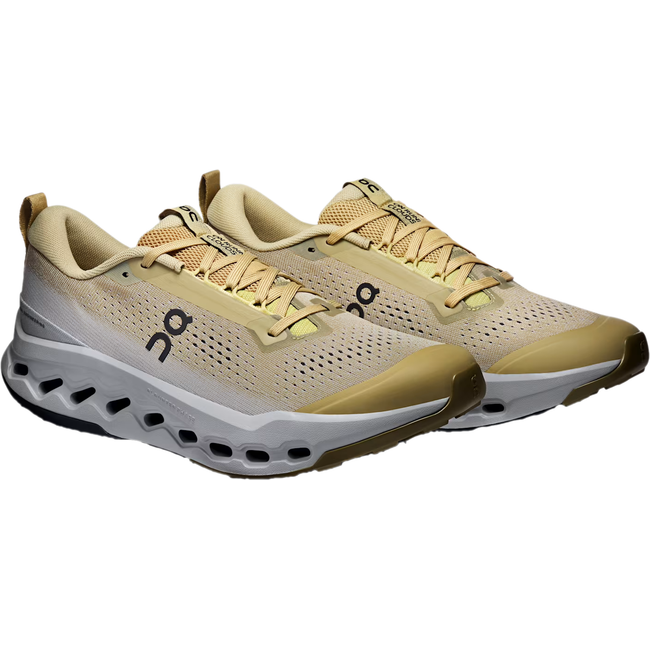 Angled sides of On Running Men's Cloudsurfer Trail 2 Trail Running Shoe in Safari Gold