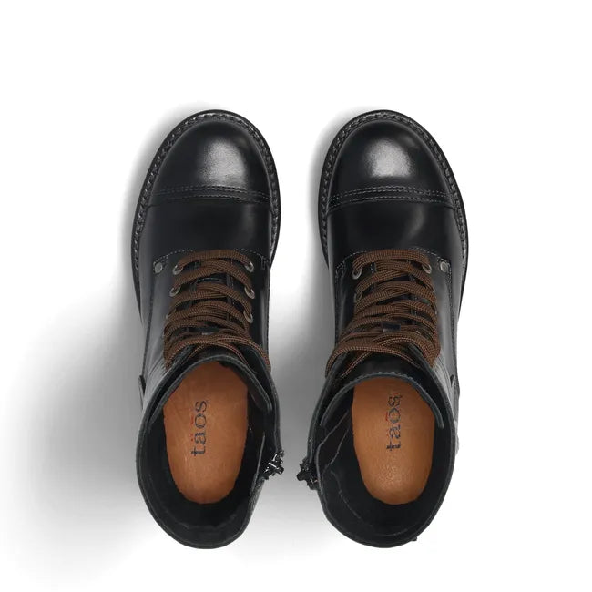 Top down view of Women's Taos Crave Boot in black leather. Combat boot style.