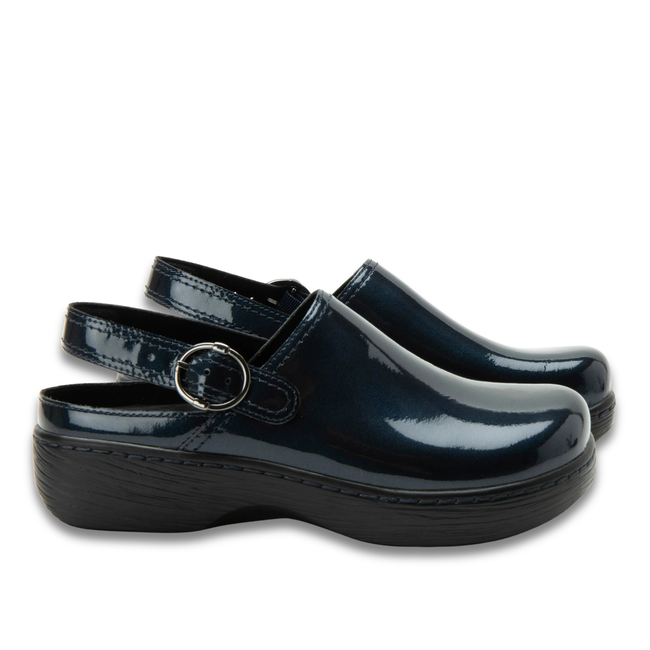 Lateral side of Alegria Women's Olie Clogs in Space Invaders Navy with adjustable back straps