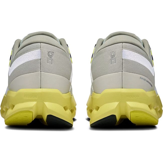 Heels of On Running Women's Cloudsurfer 2 Running Shoes in glacier grey and limelight yellow