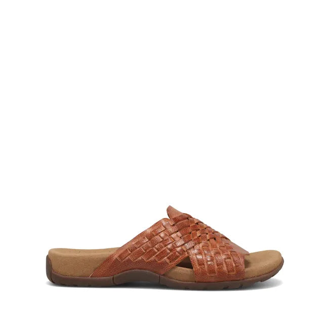 Lateral side of Women's Taos Guru Slide Sandal in Honey tan leather