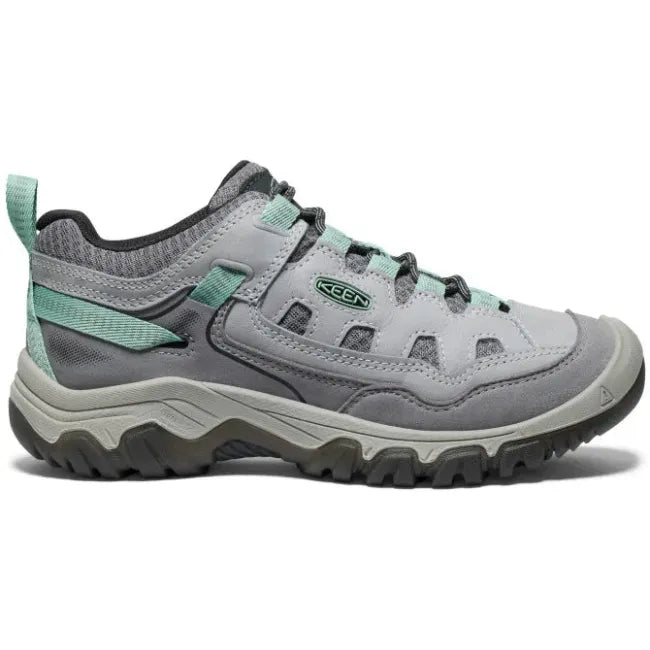 Lateral side of Keen Women's Targhee IV Vented Hiking Shoe in Alloy Grey Granite Green