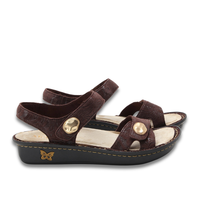 Lateral side of Alegria Women's Vienna Sandals in Swirling Brown