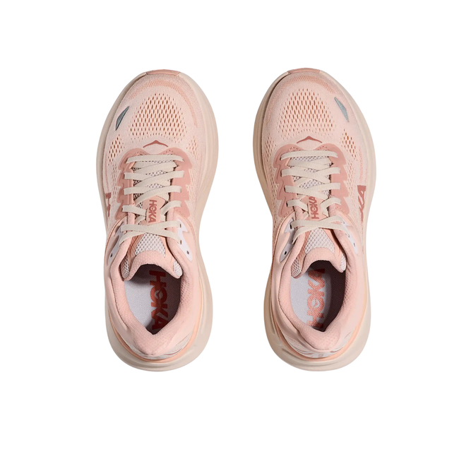 Tops of Hoka Women's Bondi 9 Running Shoe in Rose Latte 