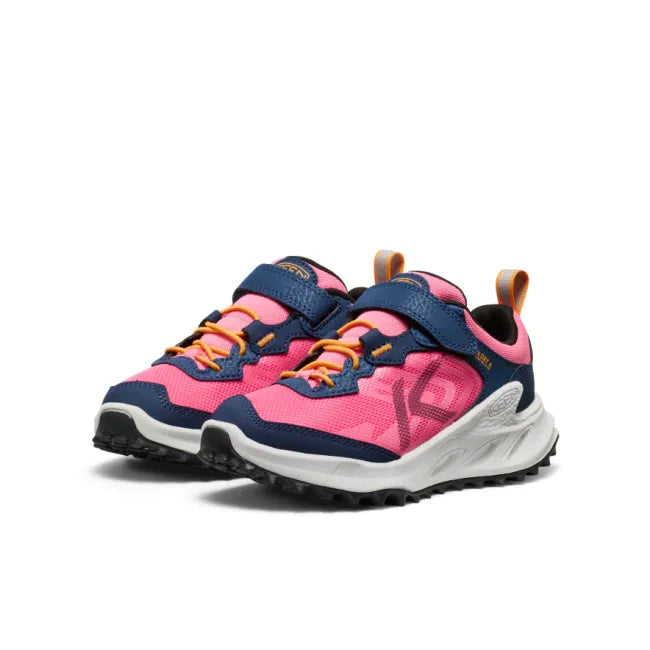 Front view of KEEN Little Kids' Zionic Waterproof Shoes in Navy blue and Pink.
