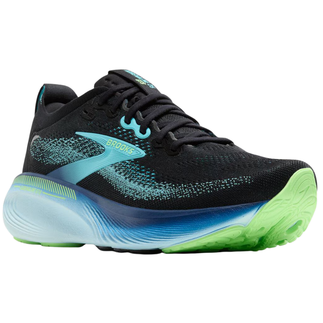 Angled view of Brooks Men's Adrenaline GTS 25 Running Shoe in Black Iqanema Blue Mint