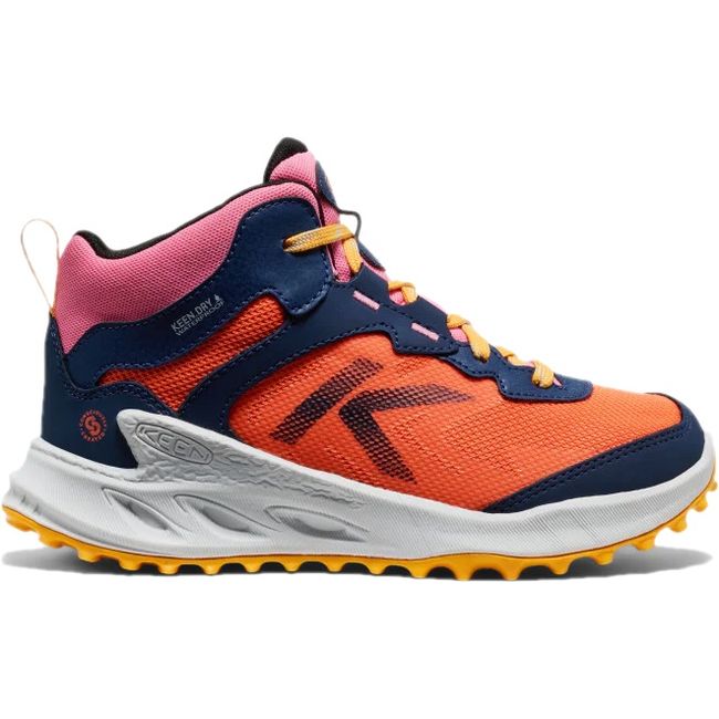 Lateral side of Keen Big Kid's Zionic Waterproof Hiking Boot in Navy Pink Multicolor 