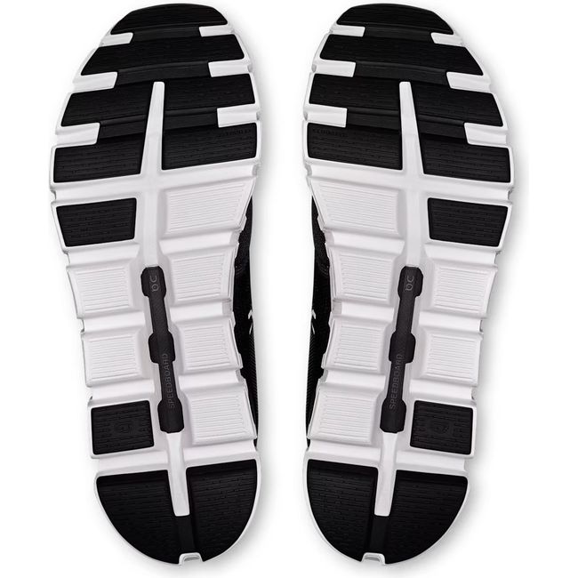 Soles of On Running Men's Cloud 6 Running Shoes in black and white