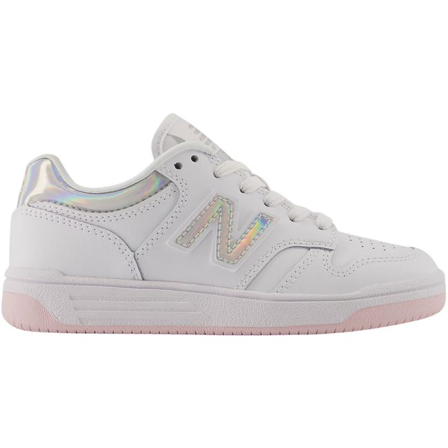 Side of New Balance Little Kids' 480 Lifestyle Shoe in White and Pink