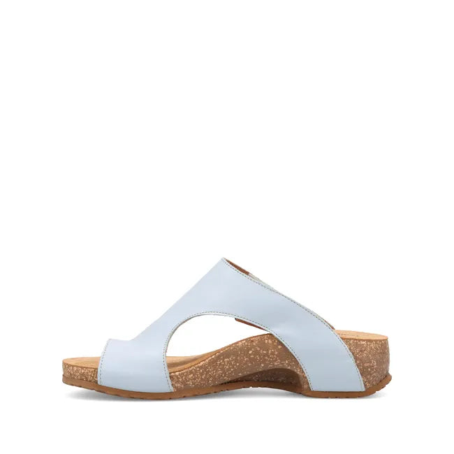 Medial side of Women's Taos Loop Sandal in Light Blue Leather with velcro strap and toe post
