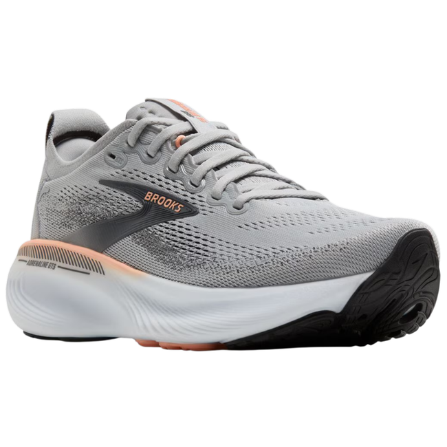 Angled side of Brooks Women's Adrenaline GTS 25 Running Shoe in Grey Blackened Pearl