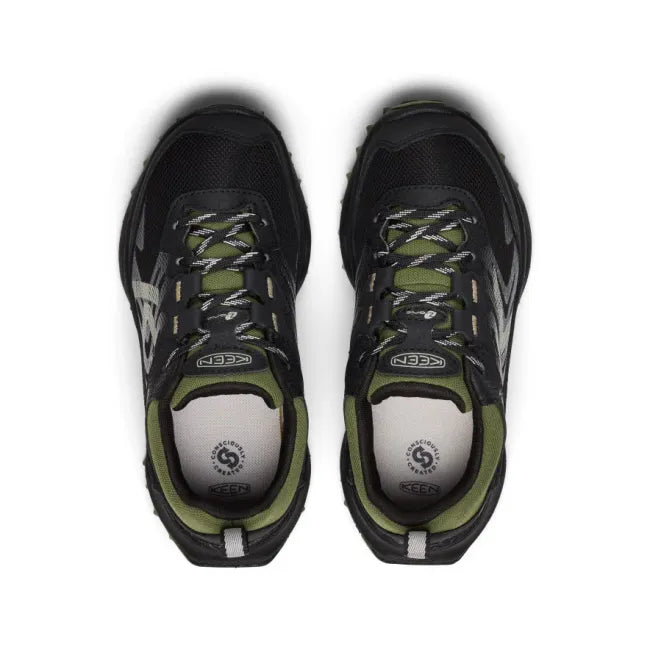 Lace up upper of KEEN Big Kids' Zionic Waterproof Shoe in Black and Bronze Green