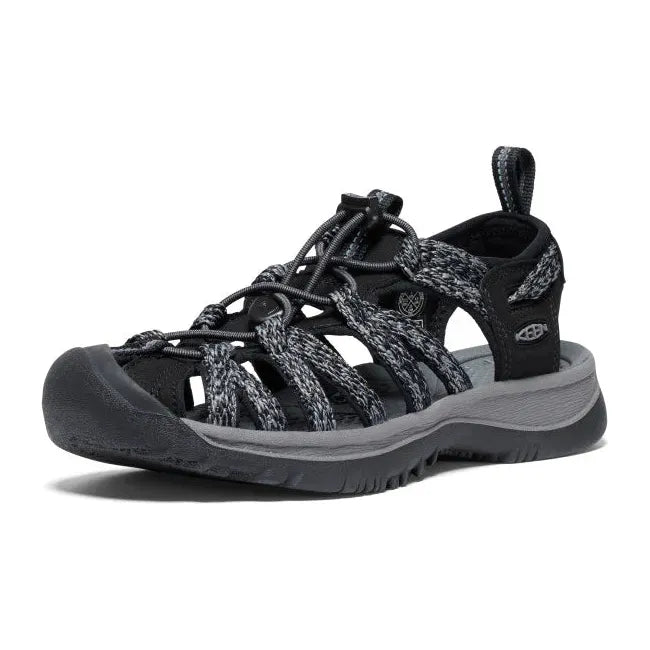 Front angled view of Women&#39;s KEEN Whisper Closed Toe Sandal in Black and Steel Grey
