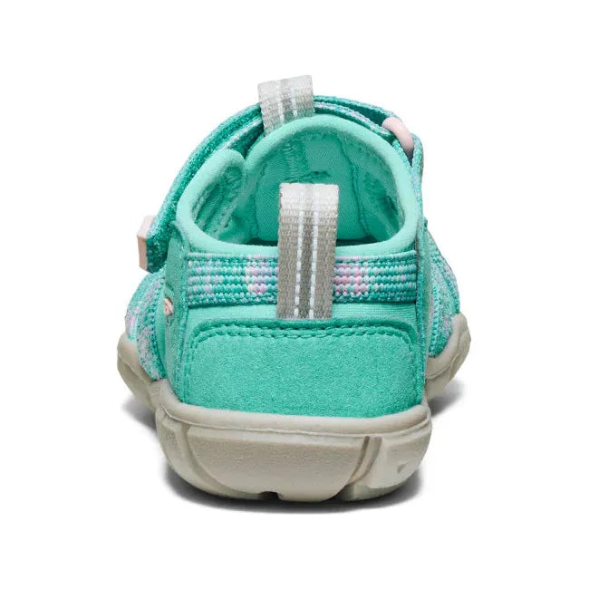 Heel of KEEN Little Kids Seacamp II CNX Sandal in Bright Aqua and Giggle Pink