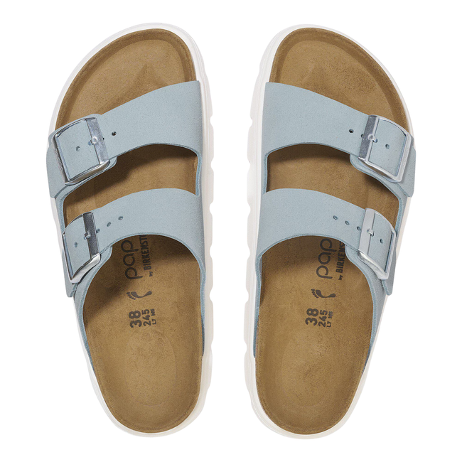 Tops of Birkenstock Women's Arizona Chunky Sandal in Baby Blue Suede