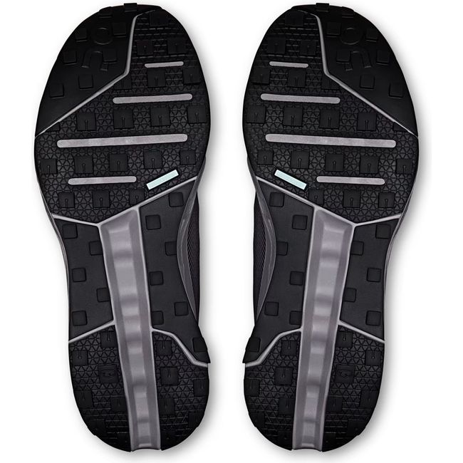 Soles of Men's On Running Cloudhorizon Trail Running Shoes in Wolf Alloy Grey with black tread