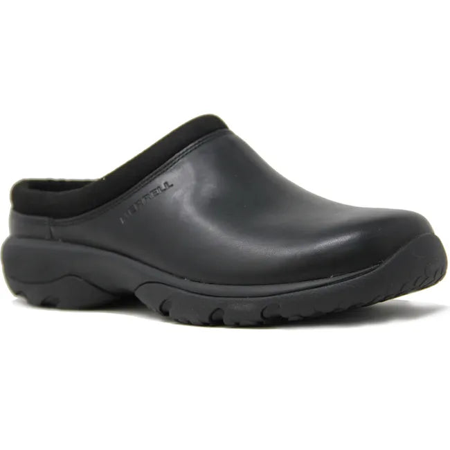 Front angled view of the Merrell Men&#39;s Encore Rexton Slide in classic black, showcasing its sleek premium full grain leather upper and convenient slip-on design, perfect for effortless style and comfort.
