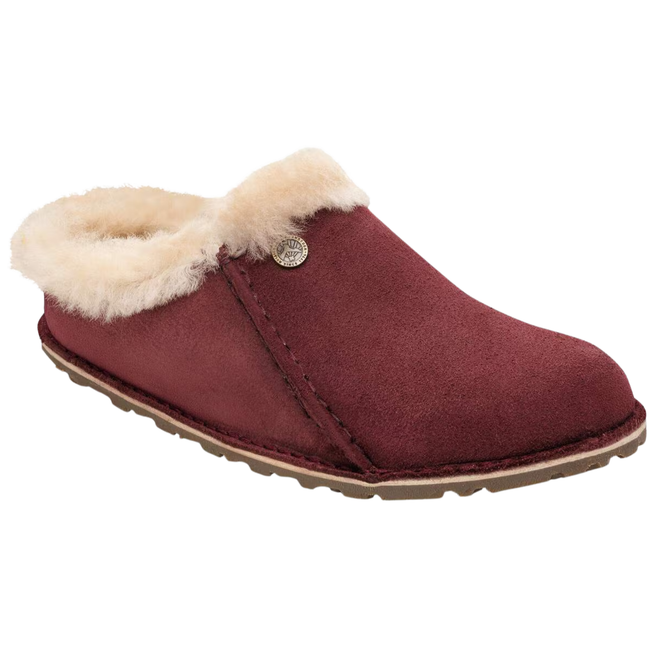 Angled side of Birkenstock Women's Zermatt Premium Suede Slipper in Zinfandel Red