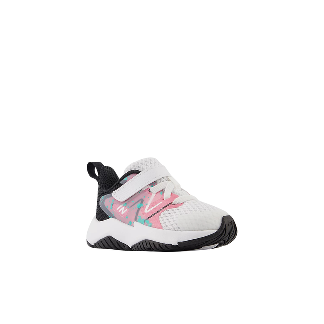 Front angled view of velcro New Balanace Kids' Rave Run V2 Running Shoe in White, Real Pink, &amp; Black