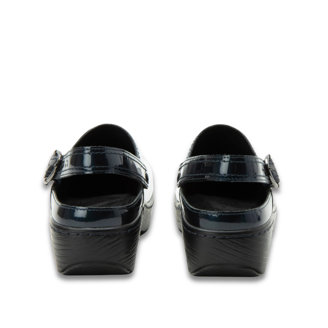 Heels of Alegria Women's Olie Clogs in Space Invaders Navy with adjustable back straps