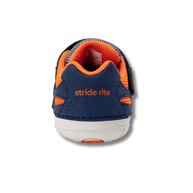 Heel of Stride Rite Kids' Soft Motion Turbo 2.0 Sneaker in Navy, Grey, and Orange