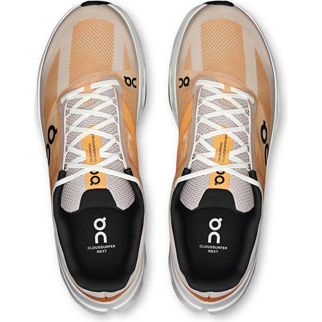 Top down view of Men's On Running Cloudsurfer Next Running Shoes in Tangerine orange and Ivory