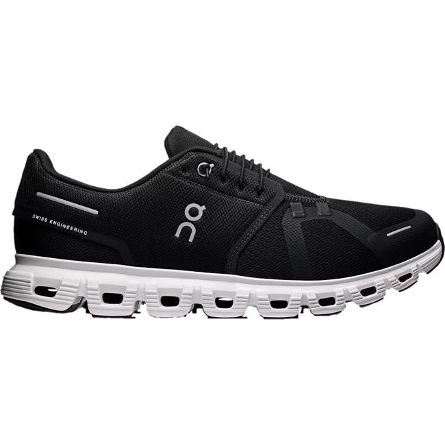 Lateral side of On Running Men's Cloud 6 Running Shoe in black and white