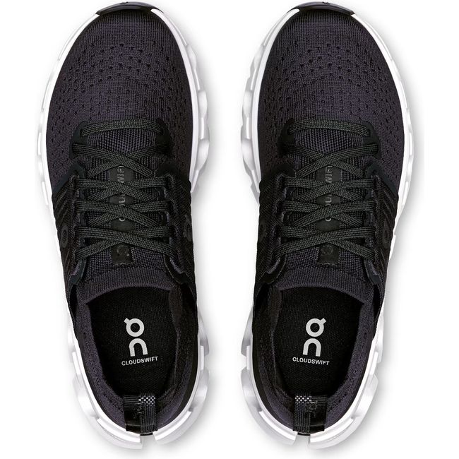 Top down view of Women's On Running Cloudswift 4 Running Shoes in Black and White 