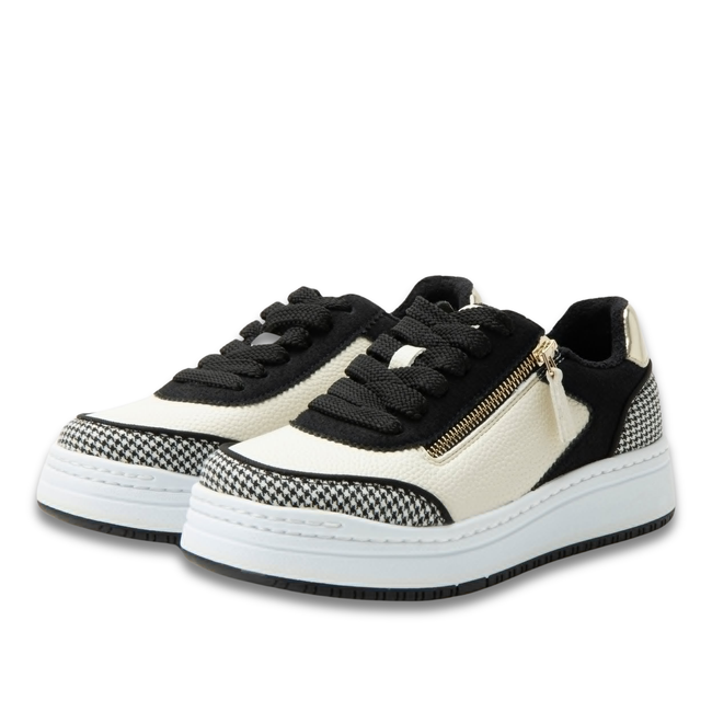 Pair of Alegria Women's Averie Sneakers in Houndstooth Black and Beige with side zipper