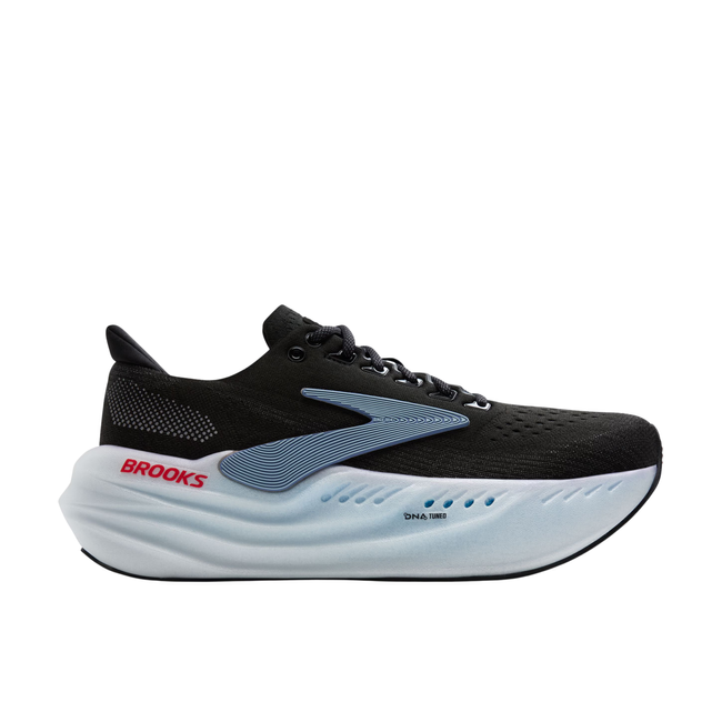 Lateral side of Men's Brooks Glycerin Max Running Shoe. Black upper with blue and pink accents