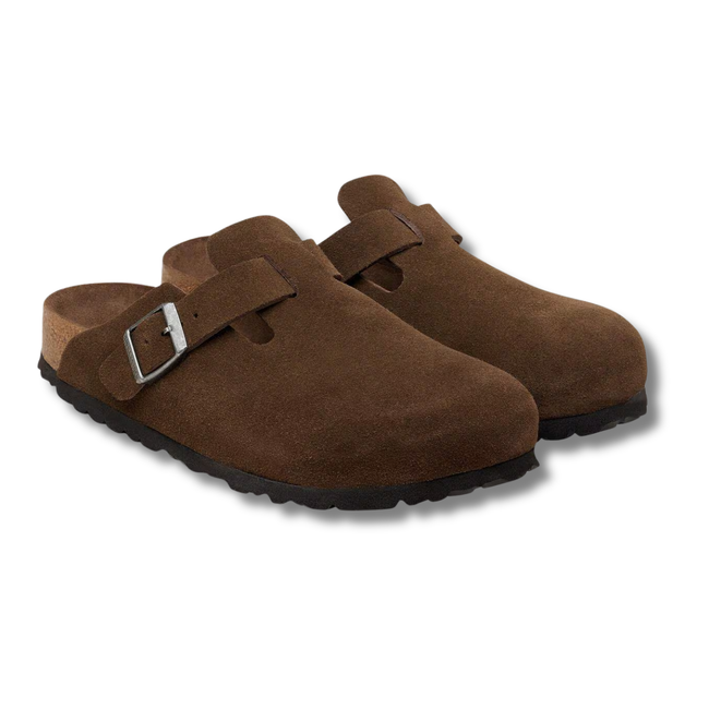 Angled pair of Birkenstock Unisex Boston Soft Footbed Suede Clog in Carafe