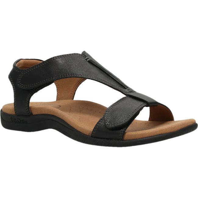 Front angled view of Women's Taos The Show Sandal in black leather with velcro straps